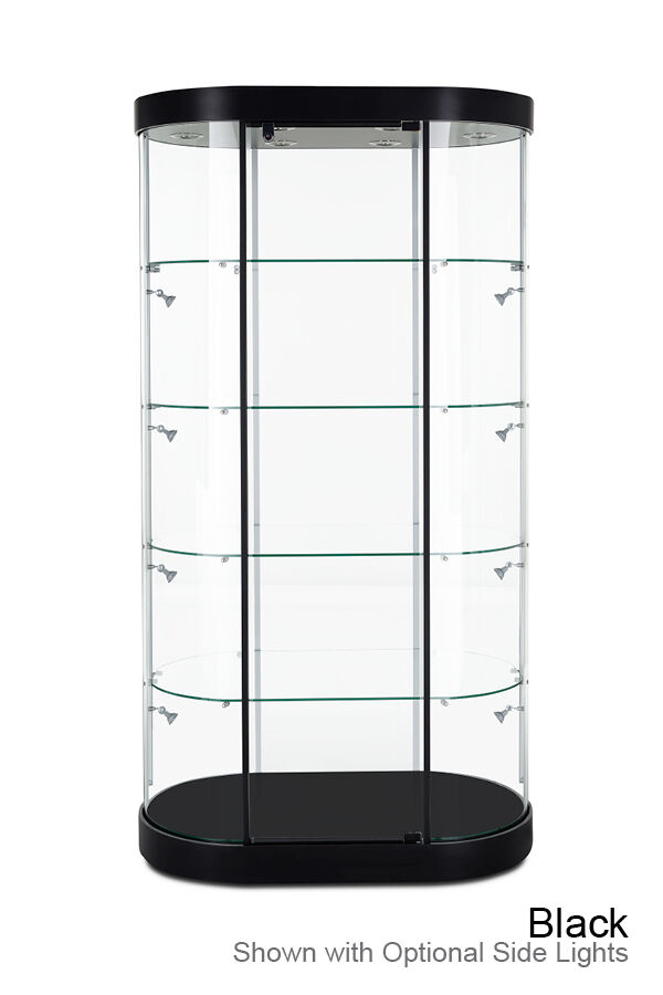 TW385 is a wide curved tower showcase that features six LED top lights, tempered glass, four 1/4” thick glass shelves, locking hinged doors, and wheels. 
