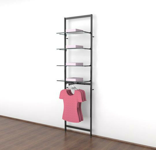 Vertik Wall Mounted Retail Clothing Display Unit with 1 Faceout  and 4 Shelves| Chic Black, 1-Section. 26" W x 92" H.  