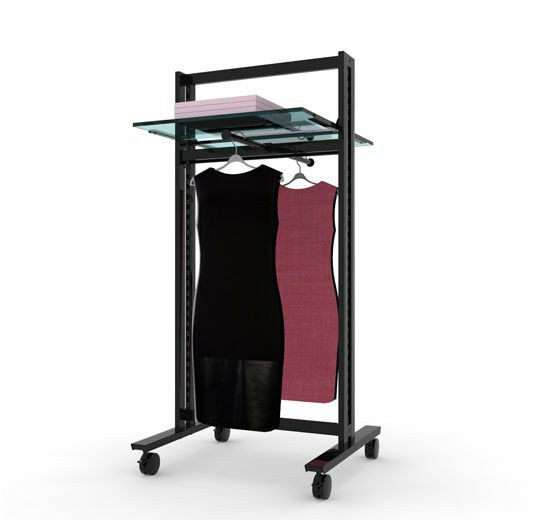 Vertik 26″ Retail Clothing and Shelving Stand for 2 Shelves and 2 Faceouts |Chic Black.  Setting Dimensions: 26" W x 56" H. 