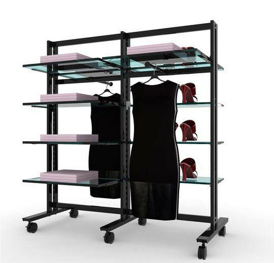 Vertik Retail Clothing and Shelving Stand for 10 Shelves and 2 Faceouts | 2-Sections|Chic Black.  Setting Dimensions: 52" W x 56" H.   