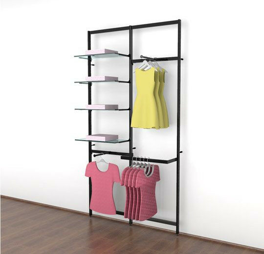 Vertik Wall Mounted Retail Clothing Display Unit for 4 Shelves w/2 Faceoutes, 1 Hanging Rail | Chic Black 2-Sections. Setting Dimensions: 51" W x 92" H.  