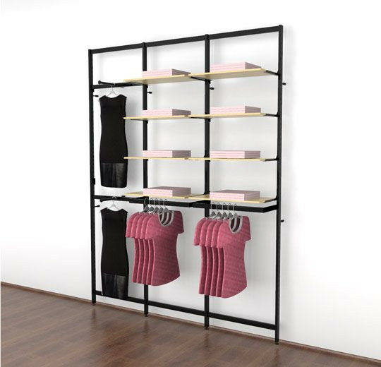 Vertik Wall Mounted Retail Clothing Display Unit for 8 Shelves w/2 Faceouts, 2 Hanging Rails | Chic Black, 3-Sections.  Setting Dimensions: 76" W x 92" H
