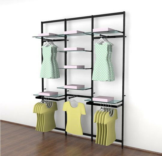 Vertik Wall Mounted Retail Clothing Display Unit for 8 Shelves w/3 Faceouts, 2 Hanging Rails | Chic Black 3-Sections.  Setting Dimensions: 76" W x 92" H.  