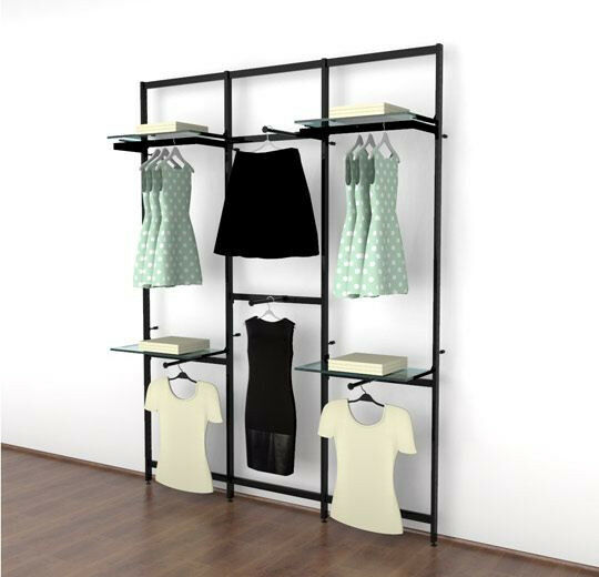 Vertik Wall Mounted Retail Clothing Display Unit for 4 Shelves with 4 Faceouts and 2 Hangrails | Chic Black 3-Sections.  Setting Dimensions: 76" W x 92" H.  