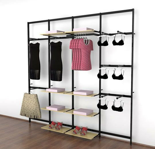 Vertik Wall Mounted Retail Clothing Display Unit for 8 Shelves with 9 Faceouts and Hangrail | Chic Black 4-Sections.  Setting Dimensions: 101" W x 92" H.  