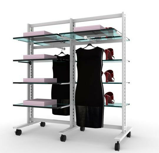 Vertik Retail Clothing and Shelving Stand for 10 Shelves and 2 Faceouts | 2-Sections|Pure White.  Setting Dimensions: 52" W x 56" H.   