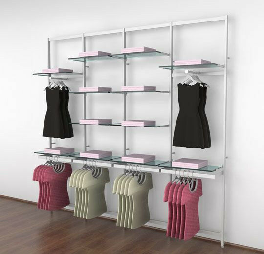 Vertik Wall Mounted Retail Clothing Display Unit for 12 Shelves with 2 Faceouts and 4 Hanging Rail | Pure White 4-Sections. Setting Dimensions: 101" W x 92" H.  