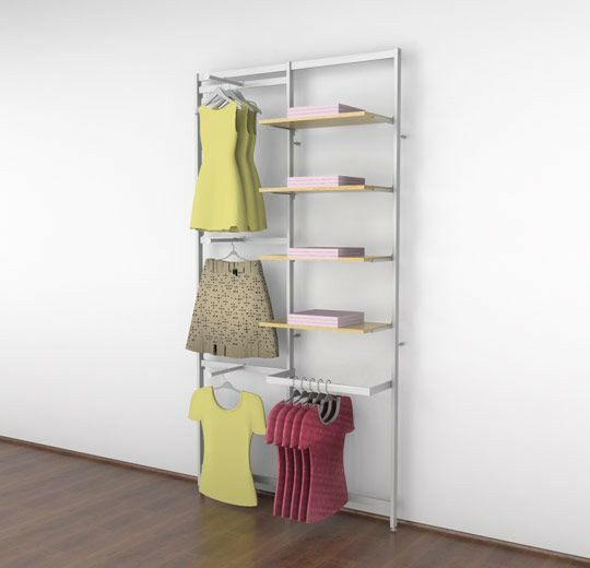 Vertik Wall Mounted Retail Clothing Display Unit for 4 Shelves w/3 Faceouts, 1 Hanging Rail | Pure White 2-Sections. Setting Dimensions: 51" W x 92" H. 