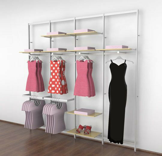 Vertik Wall Mounted Retail Clothing Display Unit for 8 Shelves with 4 Faceouts and 2 Hanging Rails | Pure White 4-Sections. Setting Dimensions: 101" W x 92" H.  