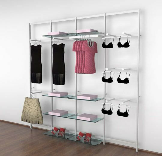 Vertik Wall Mounted Retail Clothing Display Unit for 8 Shelves with 9 Faceouts and Hangrail | Pure White 4-Sections. Setting Dimensions: 101" W x 92" H.  