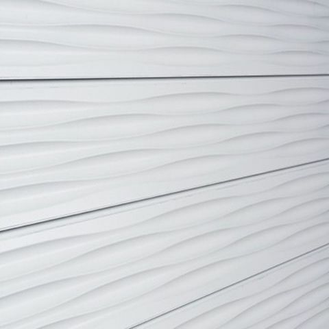 White Wave Textured Slatwall Panels measure 3/4''D x 2' Hx 8'L' with grooves spaced 6'' apart.  Textured slatwall panels come complete with paint matched aluminum groove inserts for added strength.  