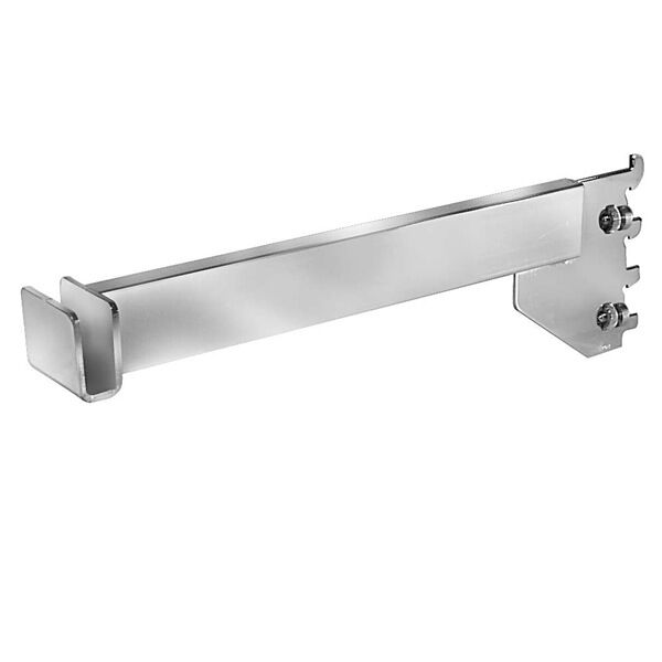 Chrome 12" Long Rectangular Tubing Hangrail Bracket  For use with Universal surface-mounted slotted wall standard that are 11/16" and 3/32" thick, with a 1/2' on 1' center slots. Colors Available: Chrome, Satin Chrome, Black, and Raw Steel.  