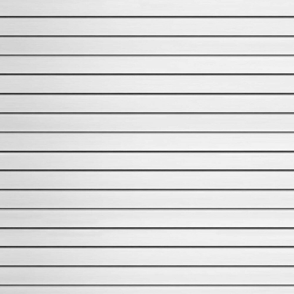 White PVC Slatwall Kit. Available in 4' x 2' or 4' x 4' kits.  Each kit comes with color-matching screws, miter-cut edge trim, color-matching strips