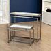 The Moderne nesting table is a white-topped table with stainless steel or brass finished legs that provide excellent stability and durability.   Dimensions : Nesting Table: 39" L x 18" D x 18" H and Console Table: 51" L x 18" D x 29" H.  