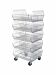 5 Tier Stacking Basket display is collapsible and measures 24"L X 25"W X 50"H.  Includes 5 Bins & 5 Horizontal Adjustable Bin Dividers, abd four, 4" Casters.  