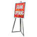 Modern design Sign Easel comes in a popular satin chrome finish will hold any size card or poster. Overall height is 60". Each base leg is 18" deep. Card slot can hold poster that is 1/4" thick.  