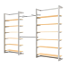 Double Alta Wall Unit with Double Shelving & Hanging Retail Display Kit 4. Includes: 2- Alta Wall Units, 2- 48” long rectangular tubing hangrails, 12- 48” wide wood shelves, 2- 12” Saddle Mount Faceouts as well as all the hardware needed for set-up.