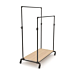 The Pipeline Adjustable Double Bar Rack adjusts from 50" high to 78" high. Includes four 3" casters, two locking and two non-locking casters. The rack base measures 50"W x 29"D. The rack is constructed of 1-1/4 inch diameter tubing with traditional plumbi