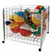 The chrome wire dump bin is 38"L x 38"W x 34 3/4"H high and includes 3/8'' casters to be easily moved around in the store. 