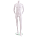 Male Mannequin - Headless, Arms Behind Back features a matte white finish and includes a round tempered glass base with calf support rod. Dimensions: Height: 65", Chest: 36", Waist: 29", Hip: 36", Collar: 15", Clothes Size: 32