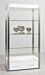 Moderne Double Sided Etagere The  Moderne double sided etagere has a modern design with a white high gloss finish and metal frame. It features four open shelf sections and one lower drawer compartment for storing accessories or extra stock. LED lighting i