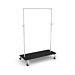 loss White Adjustable Pipe Ballet Bar Rack constructed of heavy duty 1 1/4" diameter plumbing pipe.  Adjusts from 44" - 72" in height. Base: 42-1/2"W x 23-3/8"D.  Includes Bark Brown base shelf for extra display space.  