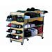 Display Gondola Unit with accessories,  is a high-capacity 48" 4-sided gondola shop display. Includes 4 heavy-duty steel frames with laminate inserts and locking casters.  Dimensions: 52"W x 25"D x 53"H.