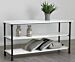The Soho island table features a sturdy metal base and wood shelves that provide plenty of storage options. Comes in white or distressed pine.  Dimensions : 72 L x 26" D x 36" H