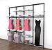 
Vertik Wall Mounted Retail Clothing Display Unit for 8 Shelves with 4 Faceouts and 2 Hanging Rails | Chic Black 4-Sections.  Setting Dimensions: 101" W x 92" H.  
