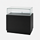 Frameless glass jewelry display case with lock, black base, and lower storage shelf