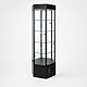 Black hexagon tower showcase with adjustable glass shelves, LED lighting, locking doors, and storage cabinet