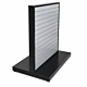 Freestanding Steel Slatwall T-Shape Display with two slatwall panels, black frame and base decks